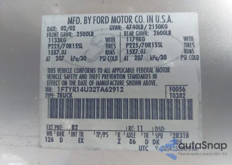 2002 Ford Ranger Edge/Tremor/Xl/Xlt из США, поврежденный, VIN 1FTYR14U32TA62912